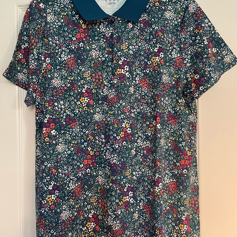 Lands' End Women’s SupimaCotton Polo Teal Collar Floral Blouse Large